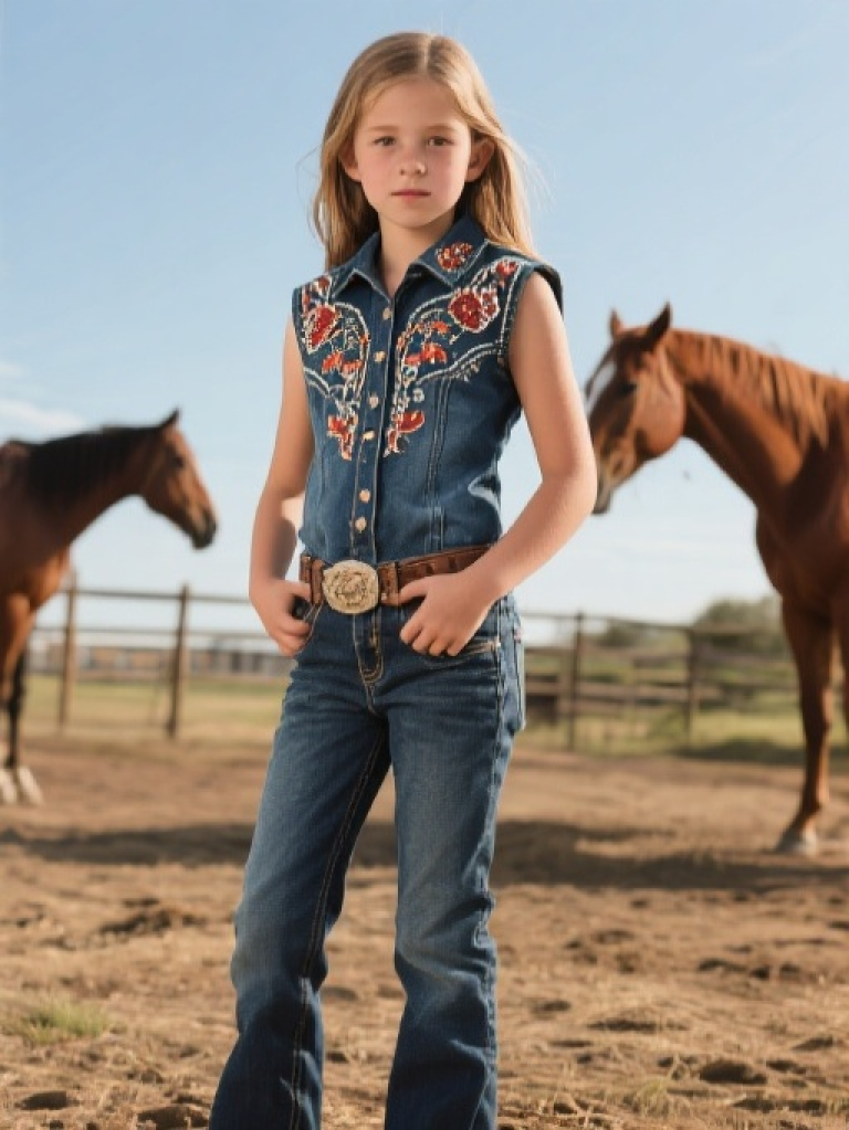 HXFF Girls' Western Embroidered Jeans Hatfield Vest