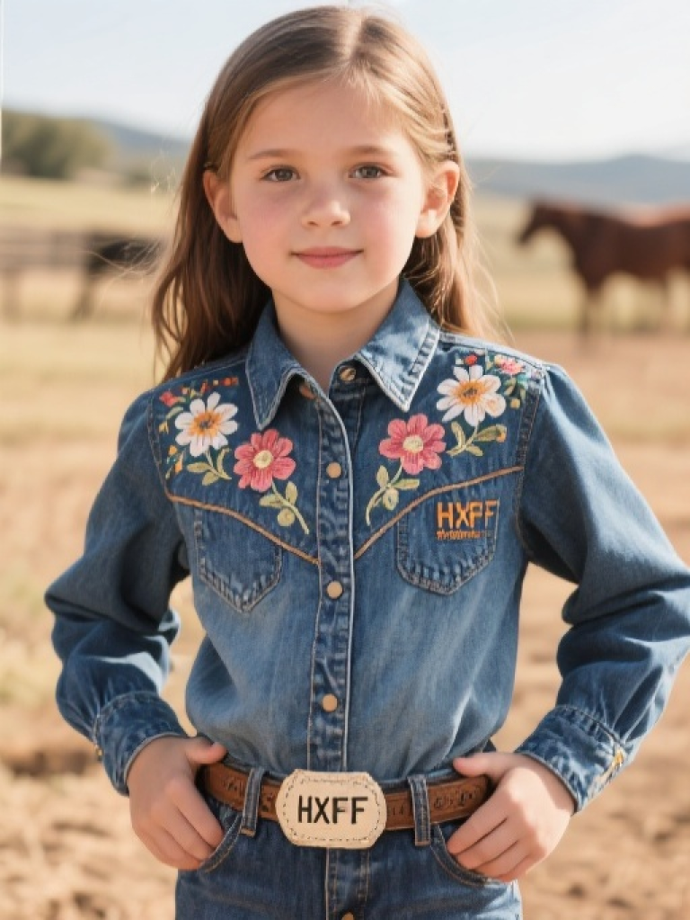 HXFF Girls' Western Floral Denim Shirt