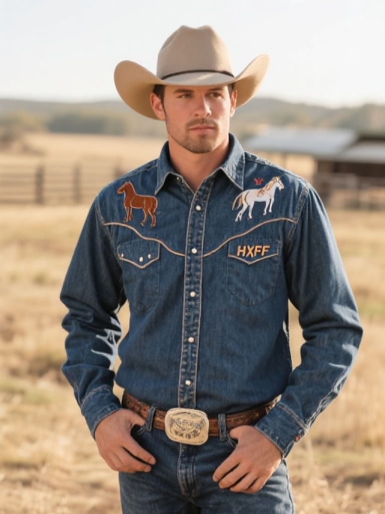 HXFF Men's Western Embroidered Denim Shirt