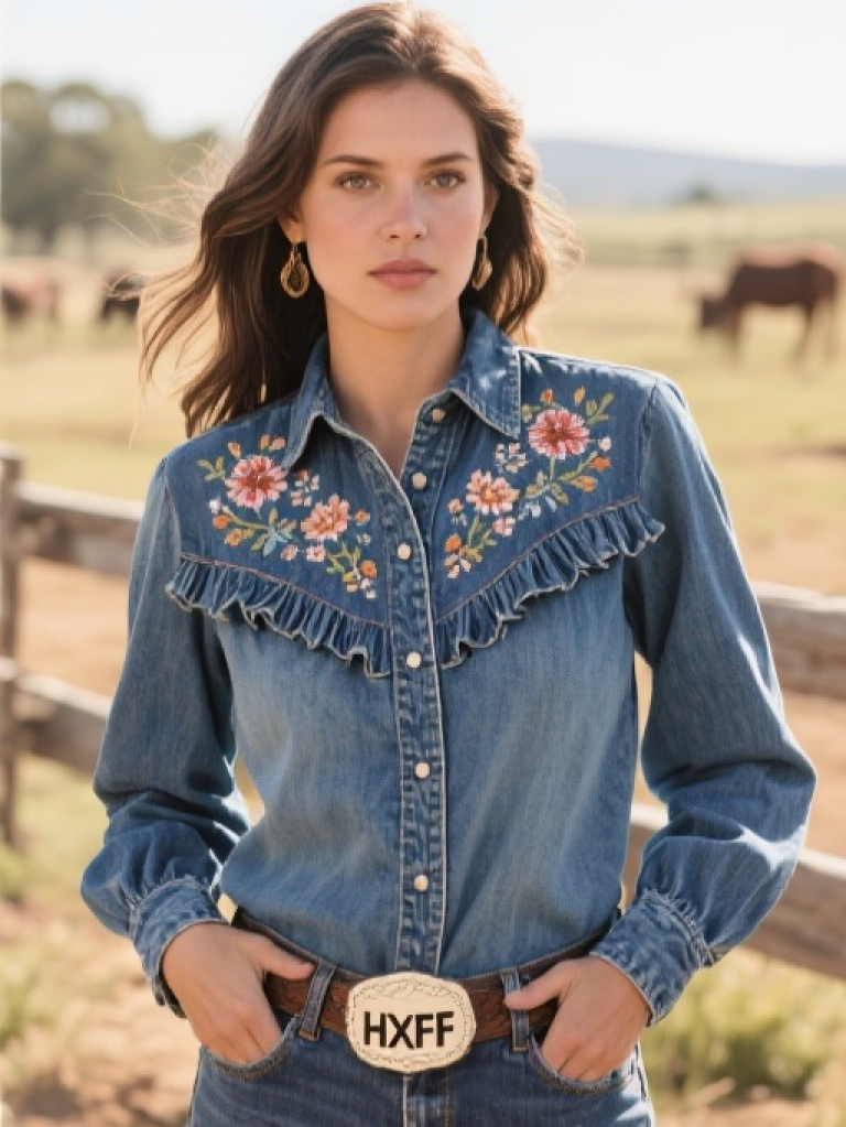 HXFF Women's Western Ruffled Denim Shirt
