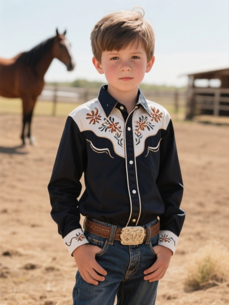 HXFF Boys' Western Embroidered Long Sleeve Shirts