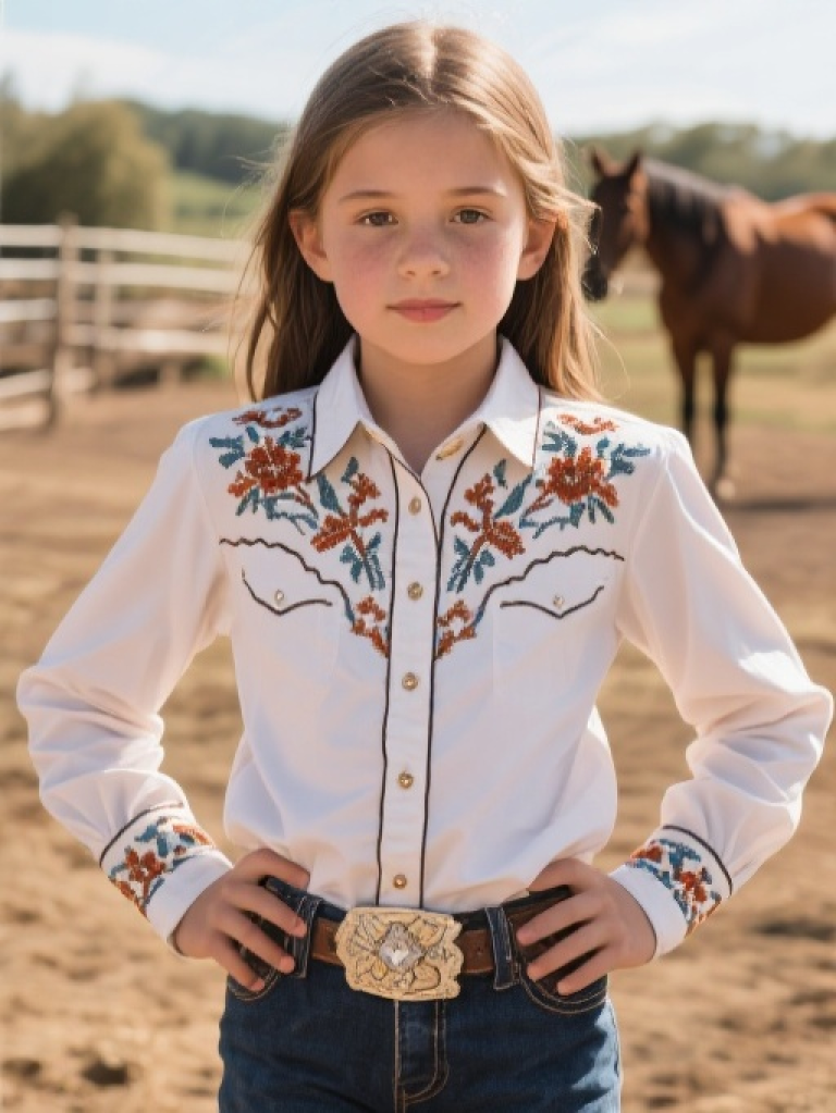 HXFF Girls' Western Embroidered Long Sleeve Shirt