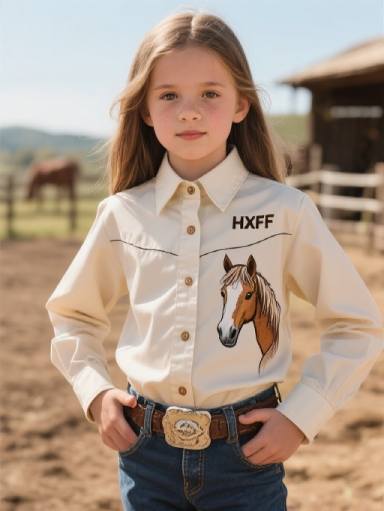 HXFF Girls' Western Pony Portrait Button Down Shirt