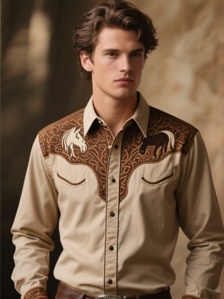 HXFF Men's Western Cowboy Long Sleeve Shirt 