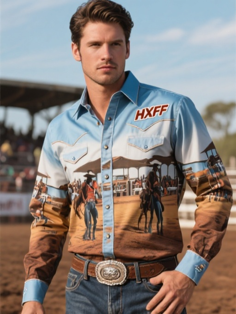 HXFF Men's Western Rider Rodeo Scene Button Down Shirt