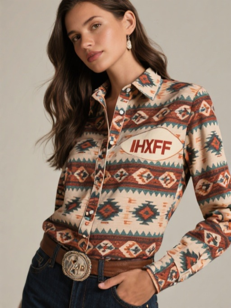 HXFF Women's Southwestern Pattern Button Down Shirt