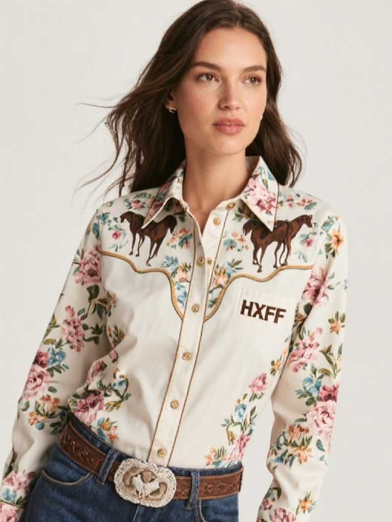 HXFF Women's Western Floral Equestrian Button Down Shirt