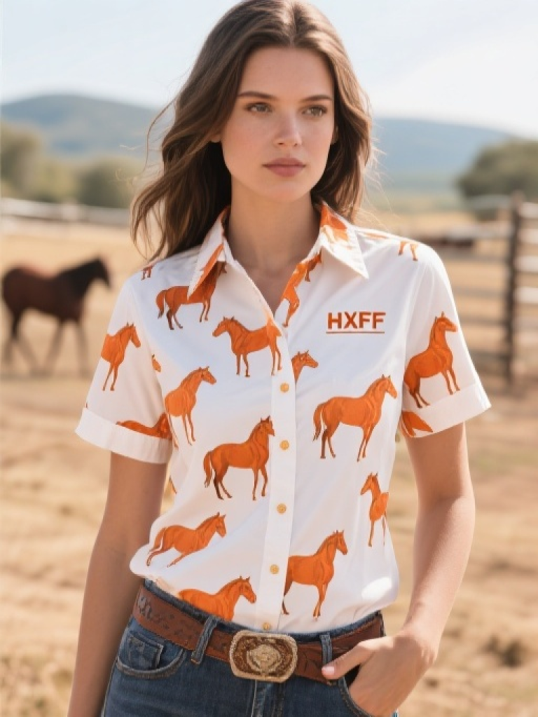 HXFF Women's Western Horse Print Short Sleeve Shirt