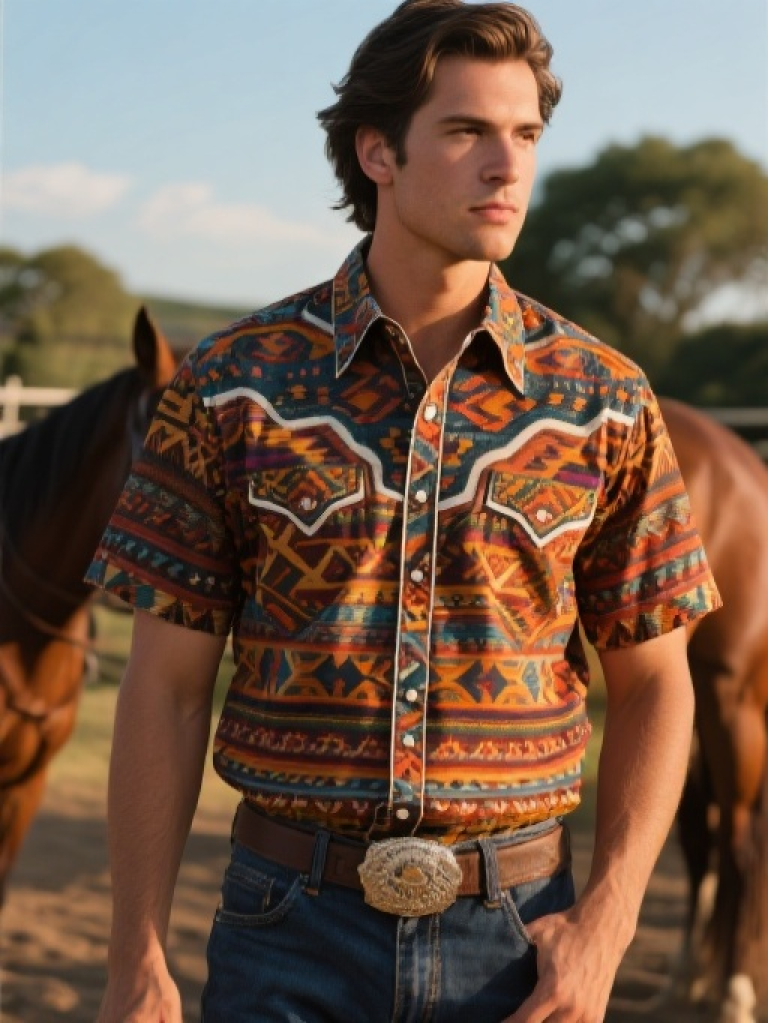 HXFF Men's Southwestern Pattern Short Sleeve Shirt