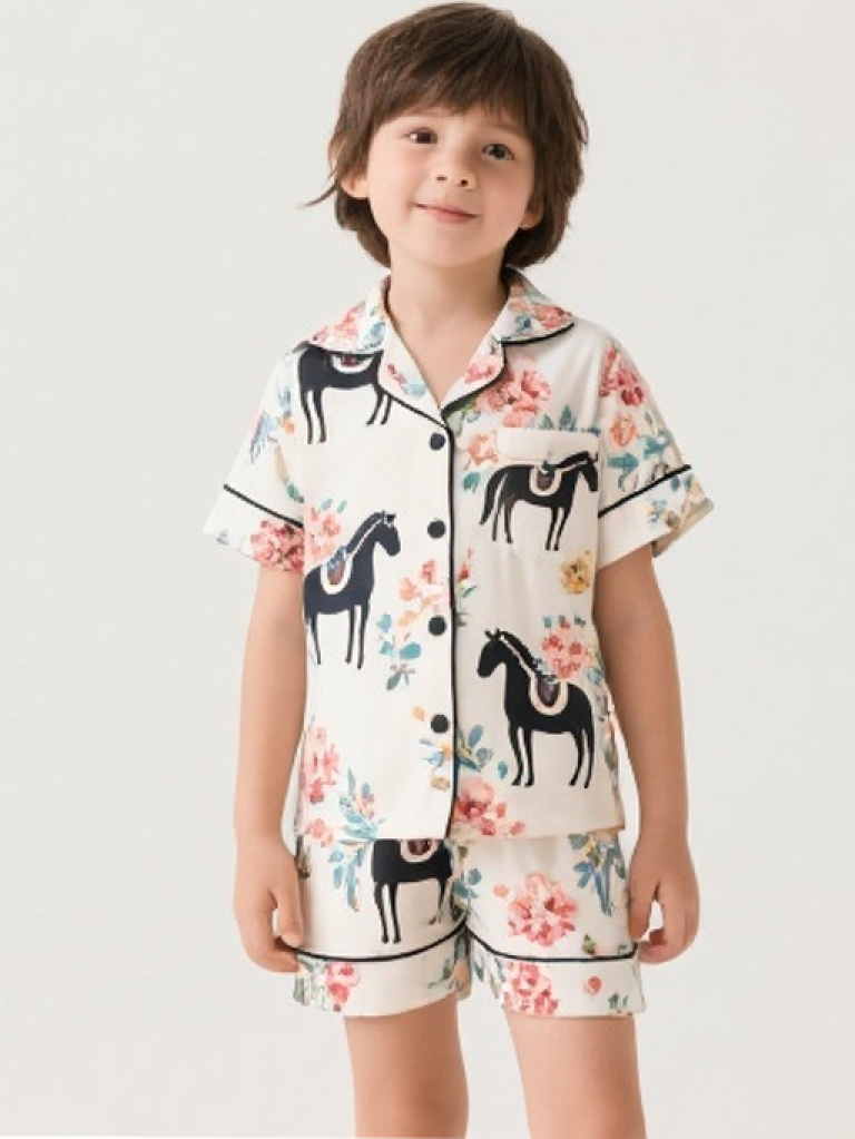 Kids Nightwear Floral Horse  Short Sleeve Button Down Top and Shorts